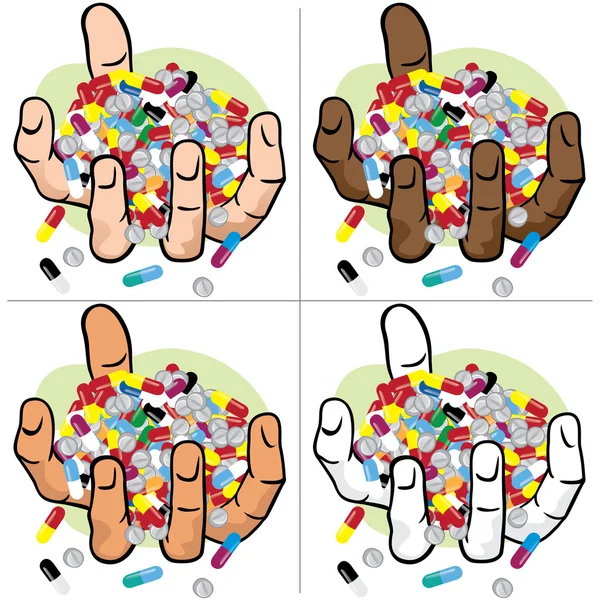 Ilustrace ruce držící mnoho léků, etnické. Ideální pro katalogy, informační a institucionální materiál — Stockový vektor