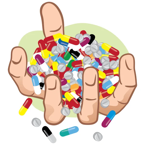 Ilustración de manos sosteniendo muchos medicamentos, caucásicos. Ideal para catálogos, material informativo e institucional — Vector de stock