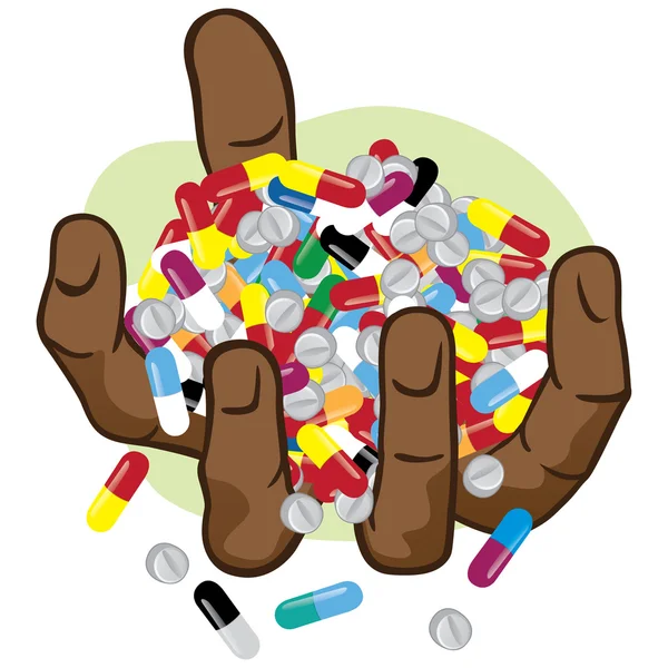 Ilustración de manos sosteniendo muchos medicamentos de ascendencia africana. Ideal para catálogos, material informativo e institucional — Vector de stock