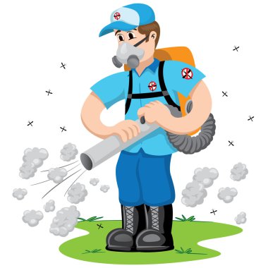 Person exterminator with smoke, Aedes Aegypti mosquitoes stilt. Ideal for informational and institutional related sanitation and care clipart