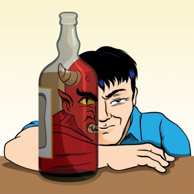   drunk person turning into a demon because of alcohol, through the alcoholic drinks and can see the alter ego of man. Ideal for awareness campaigns clipart
