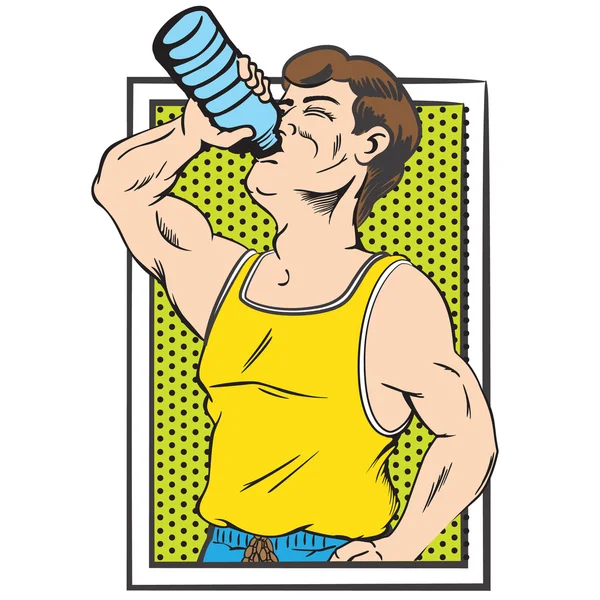 Illusztráció képviselő férfi sportoló ivóvíz és hidratáló, pop art stílusban. Ideális katalógusok, információs és orvosi tájékoztatók — Stock Vector