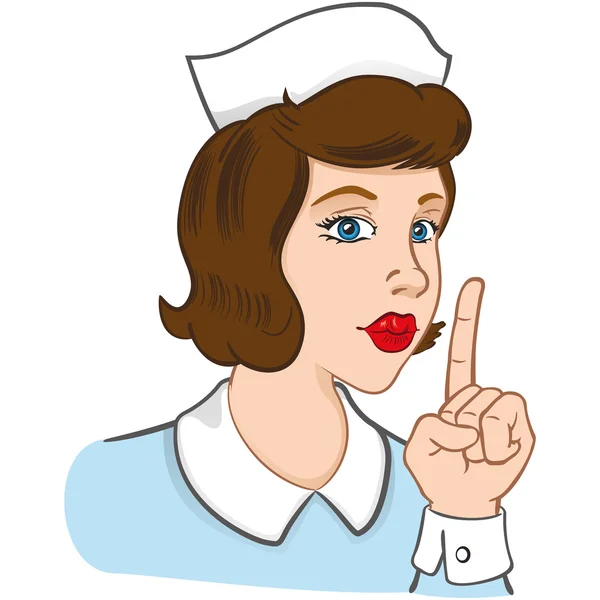 Ilustración que representa a la enfermera morena haciendo señal de silencio. Ideal para catálogos, información y guías médicas — Vector de stock
