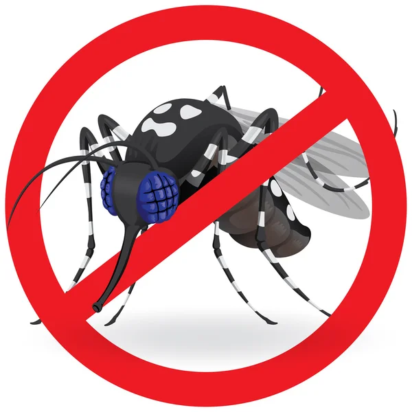 Natureza, mosquitos Aedes aegypti com estilete lado sinal proibido. Ideal para saneamento e cuidados informativos e institucionais — Vetor de Stock