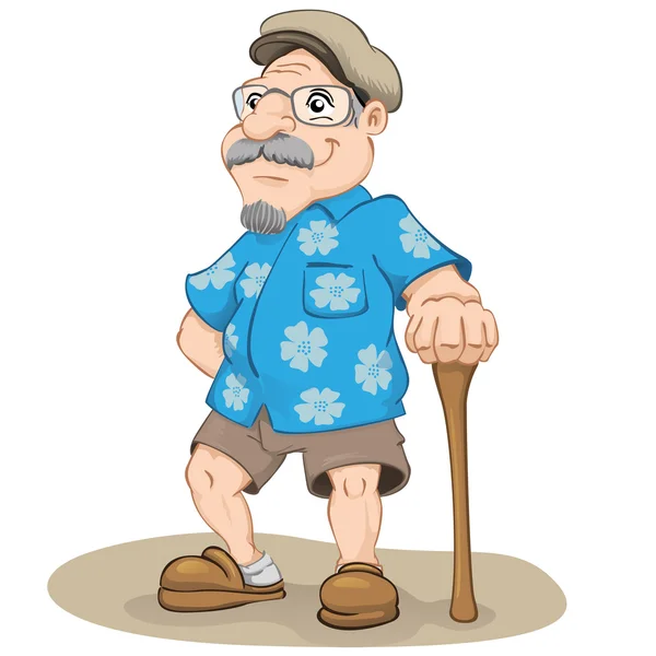 Simpatico vecchio maschio sorridente, indossando camicia fiorita, bermuda, pantofola e bastone. Ideale per materiali geriatrici e anziani — Vettoriale Stock