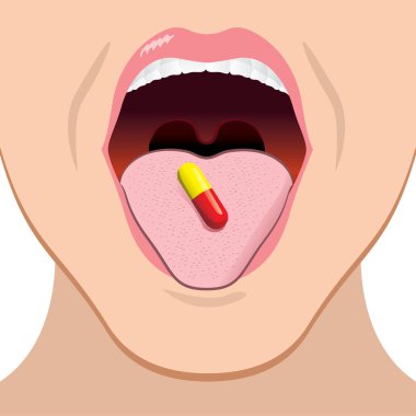Yaklaşık yutmak için bir kapsül ağzına bir kişiyle Illustration. Tıbbi malzeme için ideal ve kurumsal