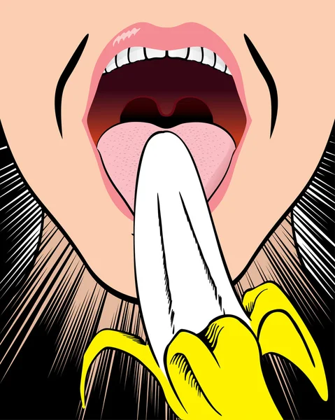 Ilustración cercana de una persona con la boca abierta comiendo plátano. Ideal para materiales promocionales e institucionales — Archivo Imágenes Vectoriales
