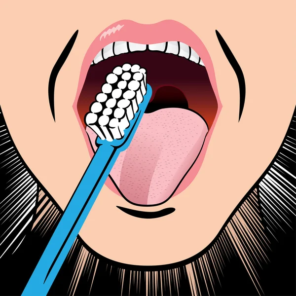 Close illustration of a person with an open mouth brushing teeth. Ideal for health and educational institutions — Διανυσματικό Αρχείο
