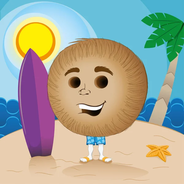 Rysunek Kokosa Surfera Plaży Lecie Idealny Materiałów Instytucjonalnych Turystycznych — Wektor stockowy