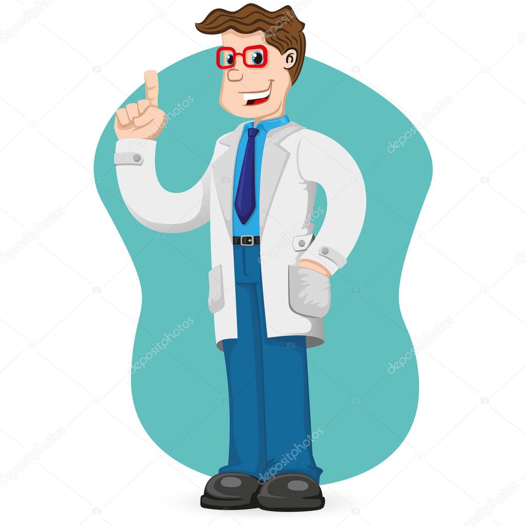 Illustration caucasian man in lab coat, doctor, professor or pharmacist with hand in pocket explaining. Ideal for institutional and training materials