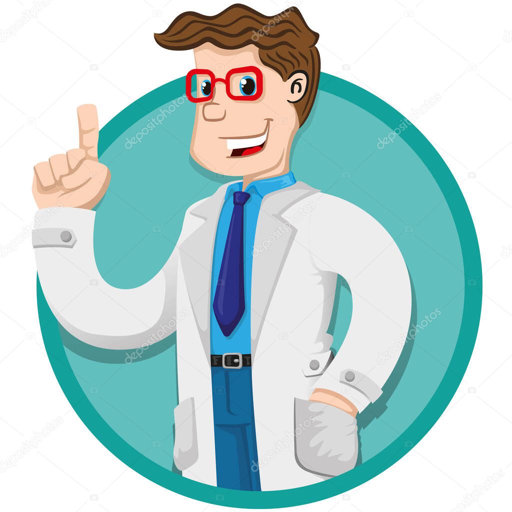 Illustration caucasian man in lab coat, doctor, professor or pharmacist with hand in pocket explaining. Ideal for institutional and training materials