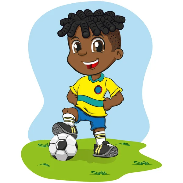 Menino Afro Descendente Jogador Futebol Ilustração Uniforme Ideal Para Esportes — Vetor de Stock