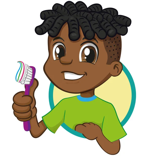 歯ブラシを持っている笑顔のアフロ子孫の少年のイラストは 口腔衛生を奨励します 教育機関キャンペーンに最適 ストックベクター