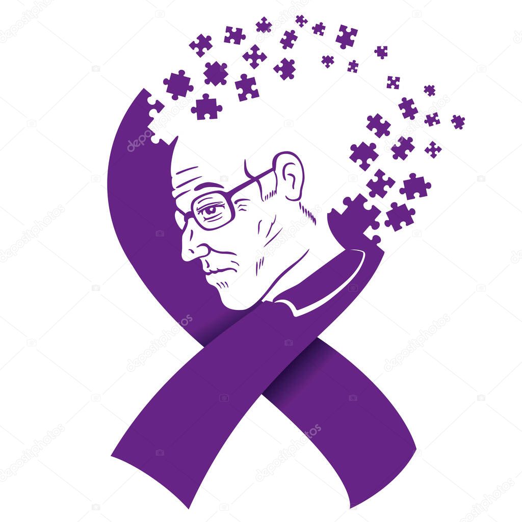 Violet bow ribbon illustration, coscientizing the prevention of alzheimer's disease, memory loss. Ideal for medical materials