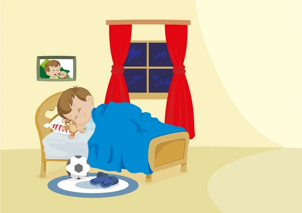Иллюстрация того, что ребенок мирно спит в своей комнате на кровати — стоковый вектор