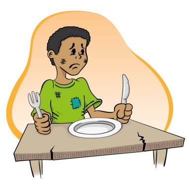 Illustration representing a child sitting without food on the table clipart