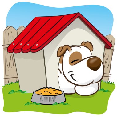 Illustration representing a pet dog in the backyard sleeping in his house. ideal for training materials, catalogs and institutional veterinarian clipart