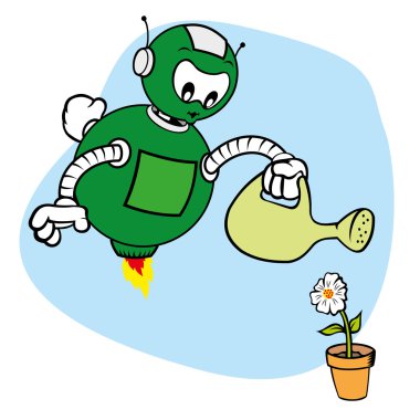 Genel Hizmetler ve sulama çiçek, eğitim için ideal ve iç altında bir robot karakter maskot çizimi