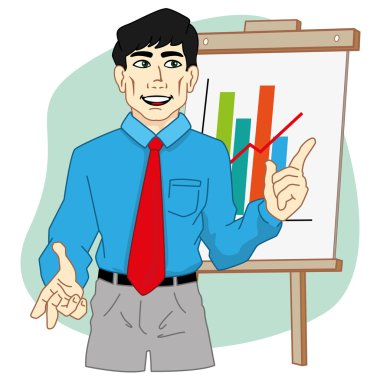 Kişi Yöneticisi ofiste bir flip Grafikteki grafik sunmak. malzemeleri, eğitim kataloglar için ideal ve kurumsal