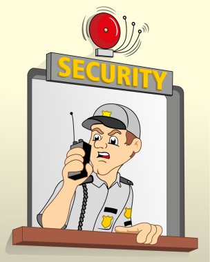 Job security in a guardhouse, talking on the radio about alarm, ideal for field training and institutional clipart