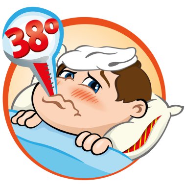 Illustration is a sick child in bed with symptoms of fever and thermometer in his mouth clipart