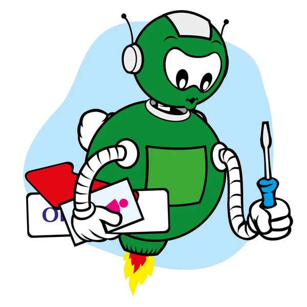 일반 서비스 및 수리 도구, 교육의 분야에 대 하 이상적 및 내부를 들고 로봇 캐릭터 마스코트의 그림 — 스톡 벡터