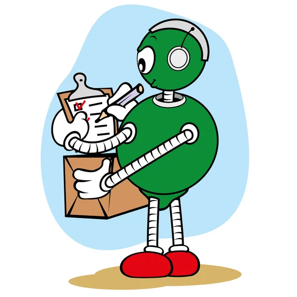 Genel Hizmetler ve eğitim için ideal ve dahili bir kutusu tutarken bir Pano bir kalem ile yazma altında bir robot karakter maskot çizimi — Stok Vektör