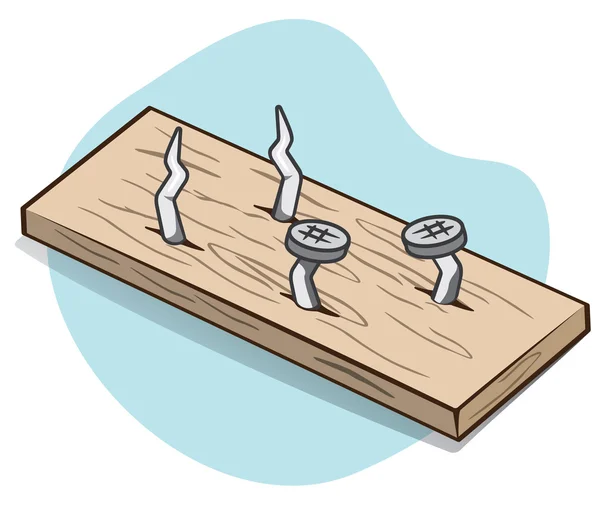 Illustration, die ein Holzstück mit freigelegten scharfen Nägeln darstellt, ideal für Lehrbücher und institutionelles Material — Stockvektor