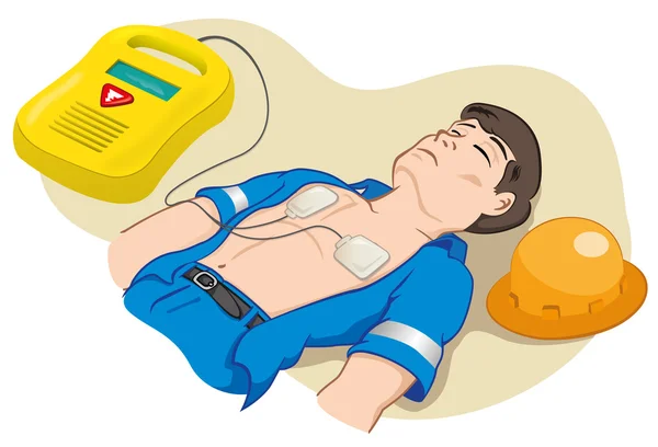 Illustration is an employee with portable defibrillator for resuscitation. Ideal for tutorials relief and medical manuals — Stock Vector