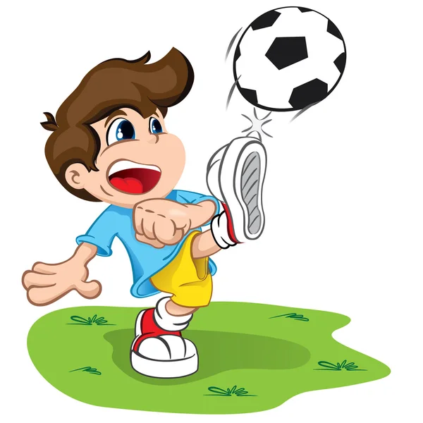 La ilustración es un niño personaje pateando una pelota. Ideal para información sanitaria e institucional. — Vector de stock