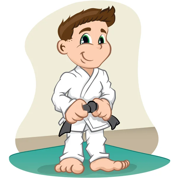 Ilustración es un niño luchador Carácter artes marciales, judo, karate, jujitso, taekwondo. Ideal para información deportiva e institucional — Vector de stock