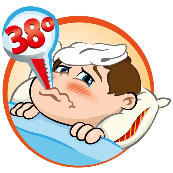 Ilustracja jest chore dziecko w łóżku z objawami gorączki i termometr w ustach — Wektor stockowy