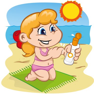 Illustration is a character child in passing sunscreen at the beach. Ideal for sports and institutional information. vector Illustration is a character child in passing sunscreen at the beach. Ideal for sports and institutional information. vector