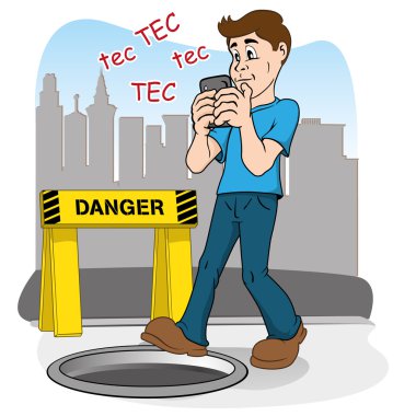 Dikkatsiz kişi tarafından akıllı telefon yürüme. deliğe düşme riskini çalıştıran