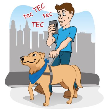Person walking listlessly practically blinded by smartphone, and being guided by the blind dog as a visually impaired clipart