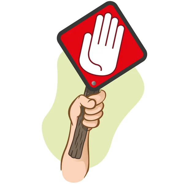 Karakter hand met een wegwijzer stop. Ideaal voor informatieve en institutionele — Stockvector