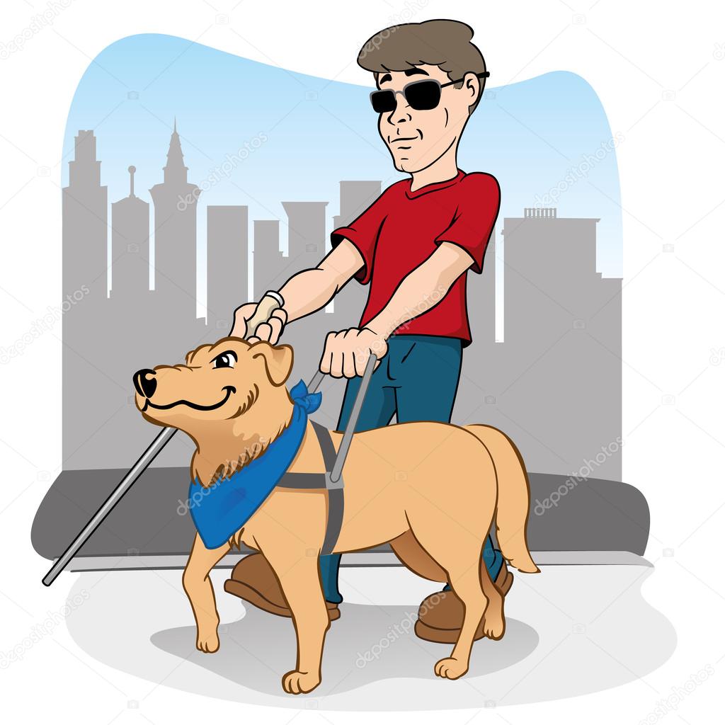 Illustration is led by disabled person walking a guide dog.