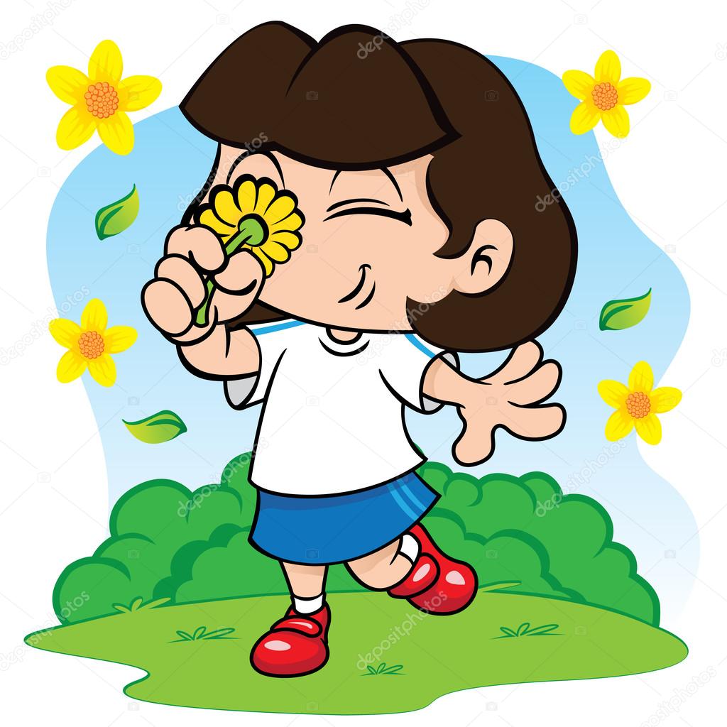 Illustration representing a student girl smelling flowers in the park