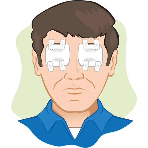 Aderezo de gasa con persona en el ojo irritado o lesionado, la cara frontal. Ideal para materiales de formación, catálogos e instituciones — Vector de stock