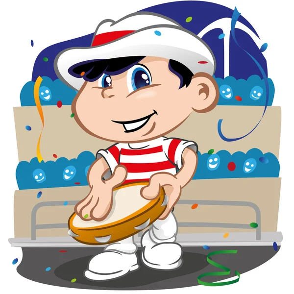 Personaje infantil bailando samba en el carnaval brasileño con pandereta. Ideal para eventos culturales informativos, turismo e institucionales — Vector de stock