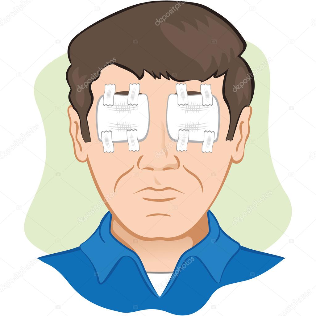 Gauze dressing with person in the eye irritated or injured, the front face. Ideal for training materials, catalogs and institutional