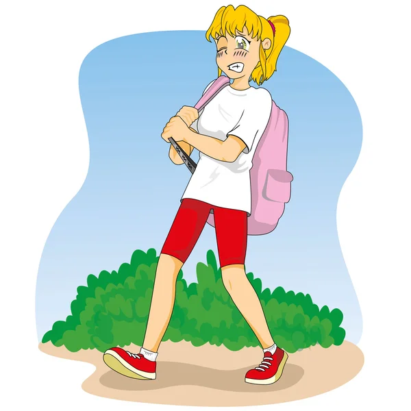 Ilustración que representa a una estudiante caminando y llevando una pesada mochila. Adecuado para materiales educativos e institucionales — Vector de stock