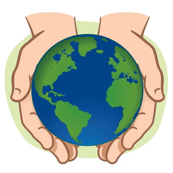 Caracter par de manos sosteniendo el planeta Tierra. Ideal para información e institucional . — Vector de stock