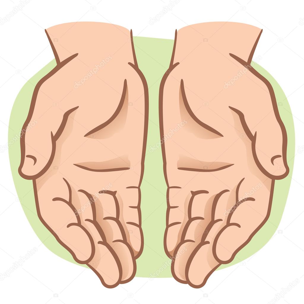 Character pair of hands with exposed palm, request or donation. Ideal for informational and institutional