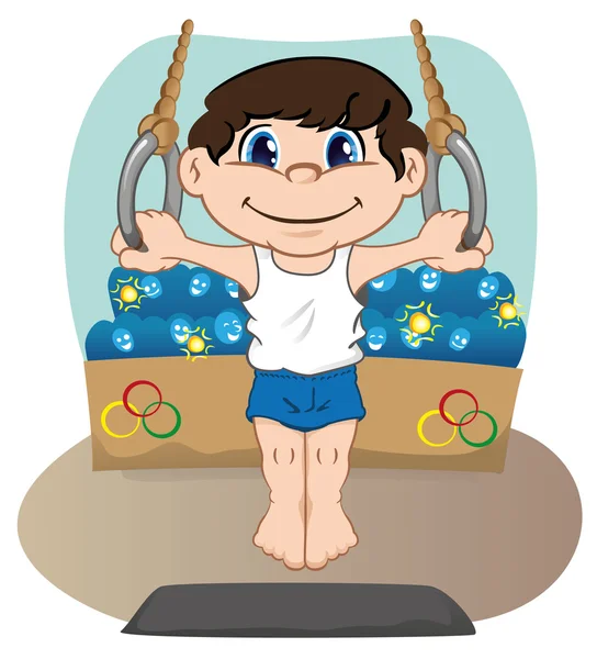 Ilustración representa a un atleta infantil haciendo gimnasia artística en los anillos, deportes, juegos o competición, ideal para materiales educativos, deportivos e institucionales — Vector de stock