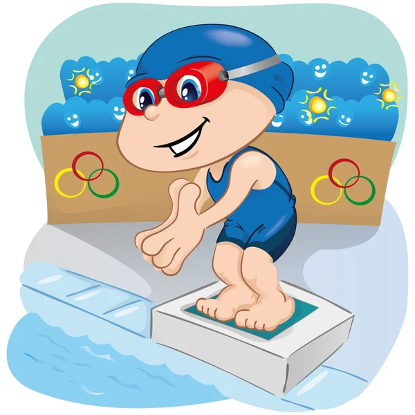 Ilustración es un niño deportista de natación que se prepara para entrar en la piscina, deportes, juegos o competición, ideal para materiales educativos, deportivos e institucionales — Vector de stock