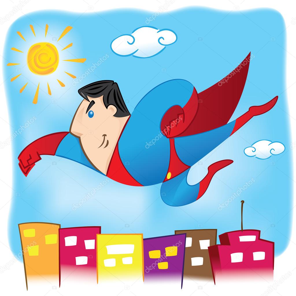 Illustration represents a superhero Person flying in the air over the city. Ideal for educational and institutional materials