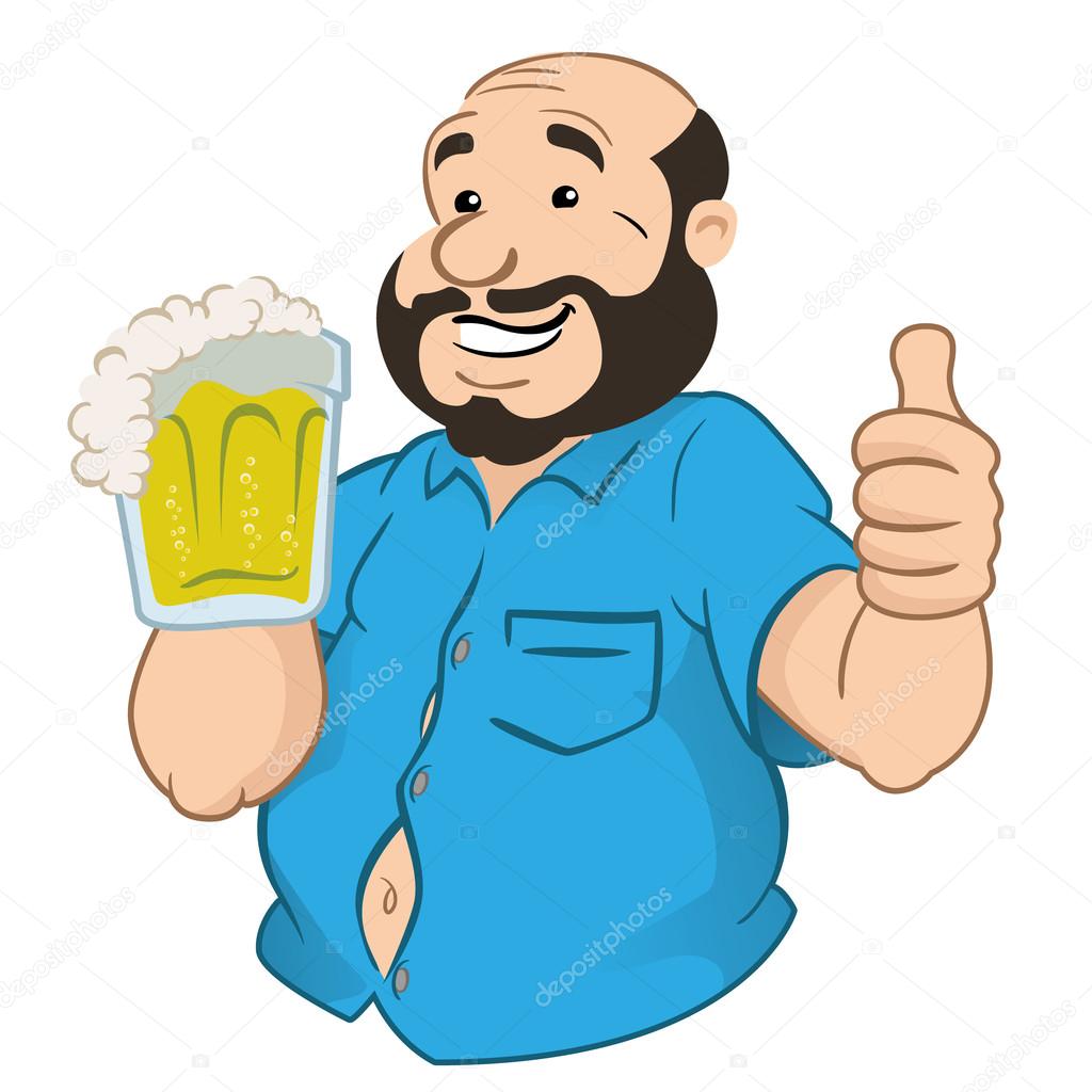 Illustration represents a person fat and bald man with a beer mug. Ideal for promotional and institutional materials