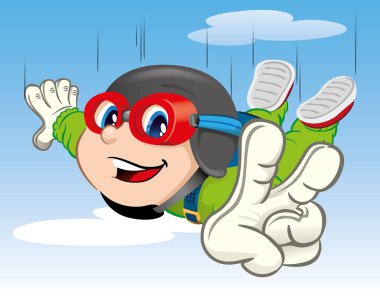 Ilustração representa uma criança menino, saltando de paraquedas. Ideal para materiais sobre esportes radicais e institucionais