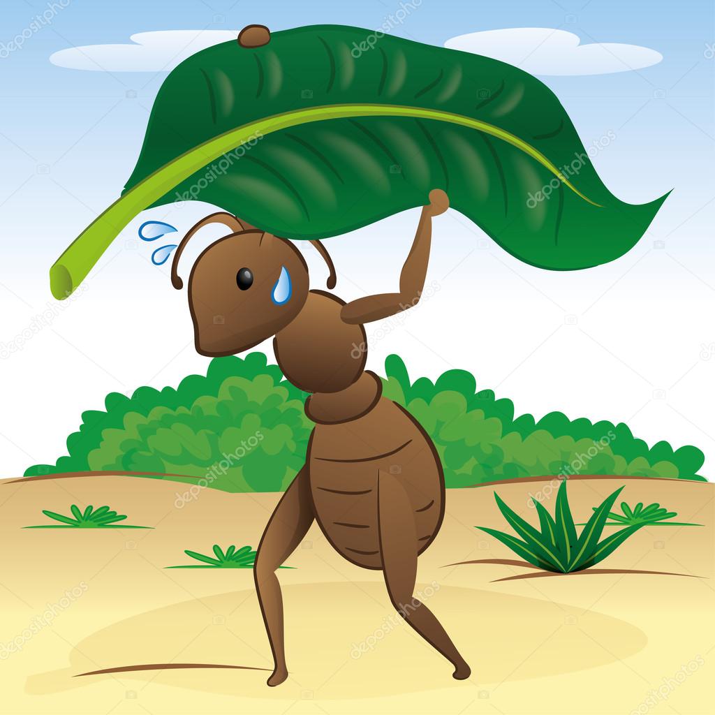 Illustration representing a landscape of nature ant carrying a leaf. Ideal for children's books and institutional material